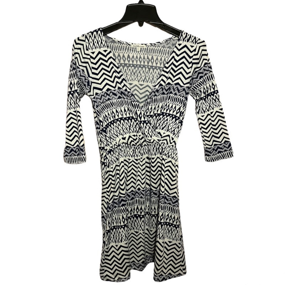 Charlotte Russe Navy Blue/White Tribal Print V-Neck 3/4 Sleeve Wrap Dress